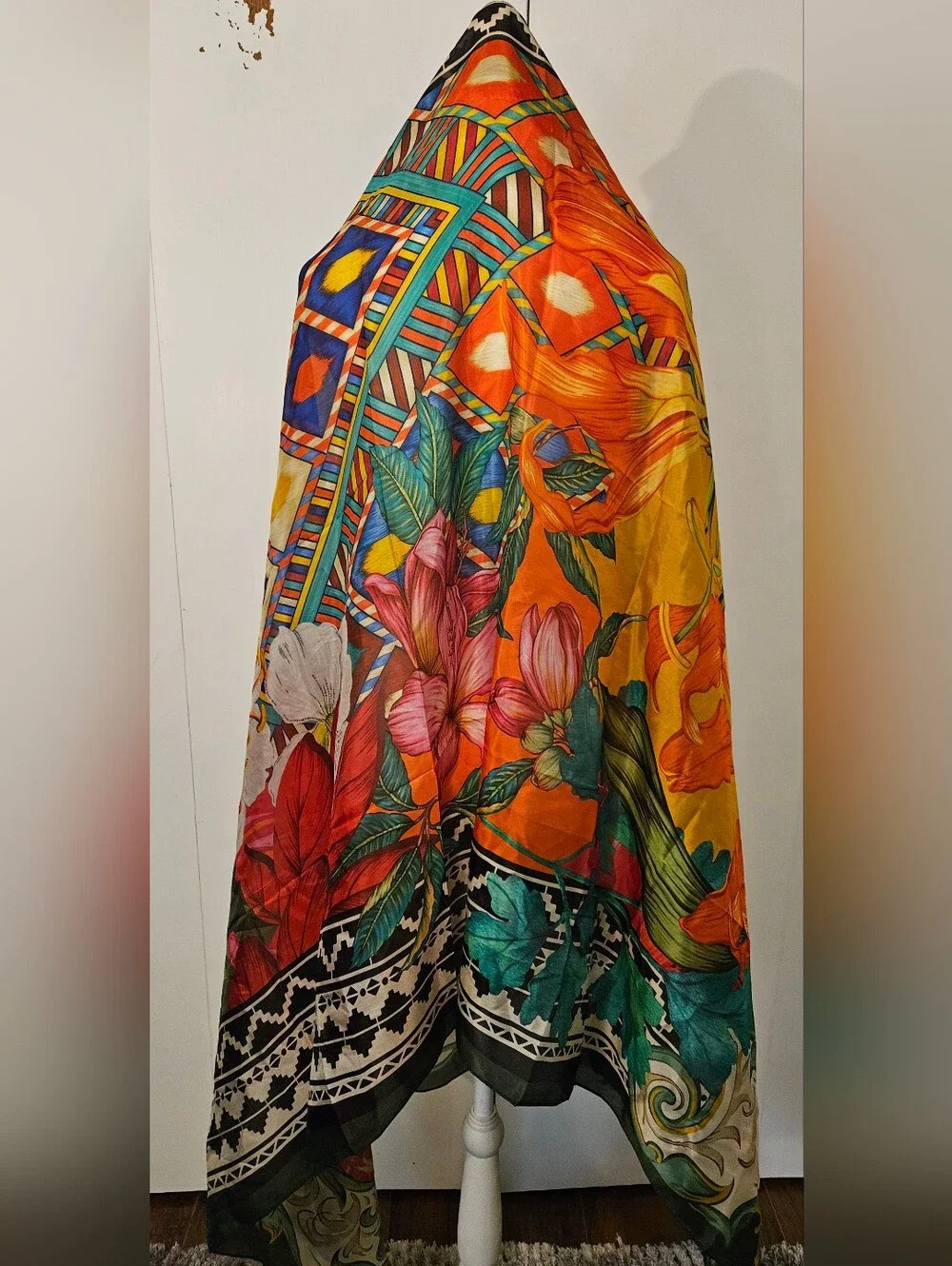 100% Silk Orange Floral Printed Scarf Wrap